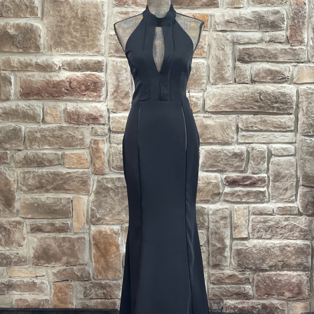 NWT- Aqua Black ladder detail keyhole long dress